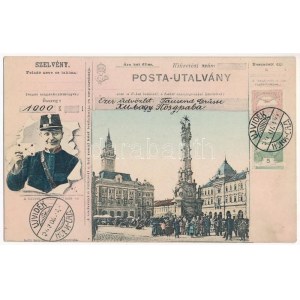 Újvidék, Novi Sad; Szentháromság szobor, Városháza, piac. Posta-Utalvány montázs postással és pecsétekkel...