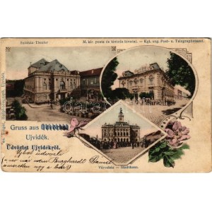 1902 Újvidék, Novi Sad; színház, M. kir. posta és távirda hivatal, Városház / theatre, post and telegraph office...