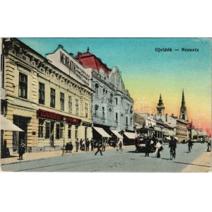 Újvidék, Novi Sad, Neusatz; utca, villamos, Újvidéki Népbank, Menrath bútorház üzlete / street, bank, shop, tram (EK...