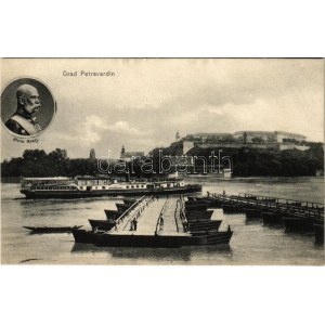 Újvidék, Novi Sad; Pétervárad vár, nyitott pontonhíd elhaladó STARCEVIC gőzhajóval. Verlag J. Singer Hoffotograf ...