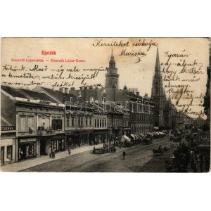 1910 Újvidék, Novi Sad; Kossuth Lajos utca, piac, Pesti Magyar kereskedelmi bank, Vegytisztító gyár, Jovicsin M....