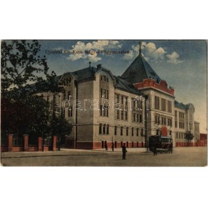1916 Újvidék, Novi Sad; Kir. Katolikus Magyar főgimnázium, villamos / grammar school, tram