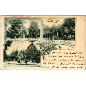 1901 Versec, Werschetz, Vrsac; Ansichten aus dem Stadtpark / Városliget, szobrok / park and statues. Art Nouveau...