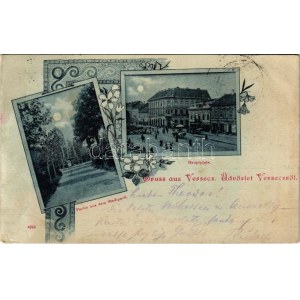 1899 (Vorläufer) Versec, Werschetz, Vrsac; Városliget, Fő tér, este, Brüder Walke és Löwenstein üzlete / Stadtpark...