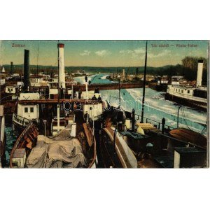 Zimony, Semlin, Zemun; Téli kikötő, gőzhajók. Vasúti levelezőlapárusítás 50. 1916. / Winterhafen / winter port...