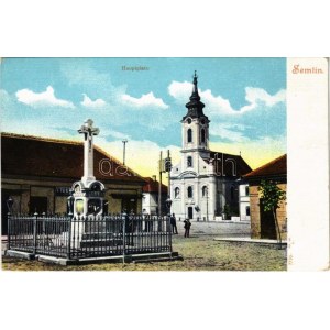 Zimony, Semlin, Zemun; Fő tér, templom, szobor, üzletek / church, statue, shops (EK)