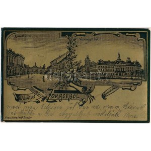 1900 Zombor, Sombor; Vármegye ház, Kossuth utca. Kiadja Schön Adolf, szecessziós fémes hatású fóliás képeslap ...
