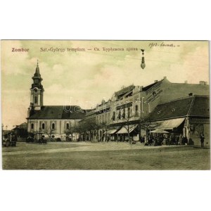 Zombor, Sombor; Szt. György templom, tér, Ráczits és Czvrkusits fűszer nagykereskedők üzlete, Szuppek üveg...
