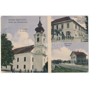 Felsőlövő, Oberschützen; Evangélikus templom, Községháza, népiskola, vasútállomás / Bahnhof, Kirche, Volksschule...