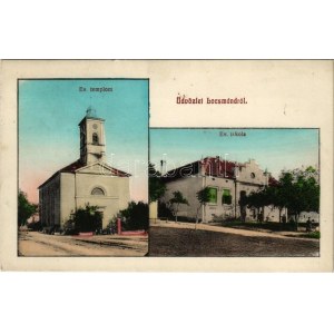1917 Locsmánd, Lutzmannsburg; Evangélikus templom és iskola / Lutheran church and school / Ev...