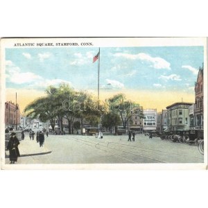 1922 Stamford (Connecticut), Atlantic Square, autobuses and automobiles, American flag (EB)
