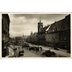 1935 Cheb, Eger; Marktplatz, Hüte, Josef Brandner Feinkost Weinstube, Ernest Schrödl / square, automobiles, autobuses...
