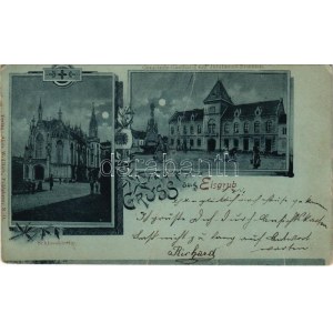 1903 Lednice, Lednice-Valtice, Feldsberg-Eisgrub, Eisgrub; Schlosskirche, Gemeinde-Gasthaus mit Jubiläums Brunnen ...