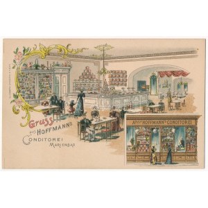 Mariánské Lázne, Marienbad; Gruss aus Adolf Hoffmann's Conditorei. G. Schwaab / confectionery, pastry shop interior...