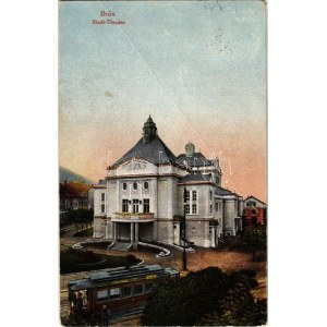 1923 Most, Brüx; Stadt-Theater / theatre, tram (fa)