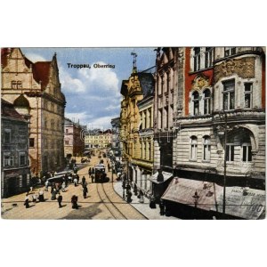 1919 Opava, Troppau; Oberring / square, tram, shops of Robert Zobel and L. Kyjo. (gluemark)