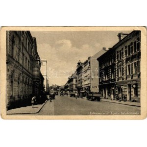 Sokolov, Falkenau an der Eger; Bahnhofstrasse / street, automobile (EB)