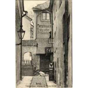 Tallinn, Reval; Treppenstrasse, Aufgang zur Nicolai Kirche, Typographie (Trükikoda) / stair street, printing shop (fa...