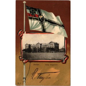 1904 Anklam, Königl. Kriegsschule / Military cadet school. Art Nouveau montage with German flag, litho (small tear...