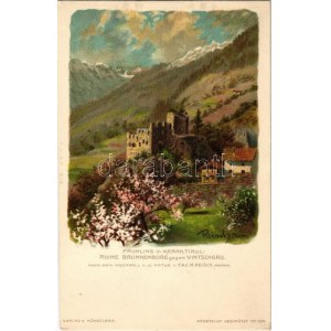 Merano, Meran (Südtirol); Frühling, Ruine Brunnenburg gegen Vintschgau / castle with Val Venosta. Verlag d...