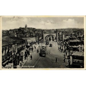 1935 Constantinople, Istanbul; Galata Köprüsü / street, bridge, trams