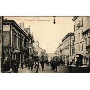 1916 Chernivtsi, Czernowitz, Cernauti, Csernyivci; Rathausstrasse, Apotheke / town hall's street, tram, pharmacy (EK...
