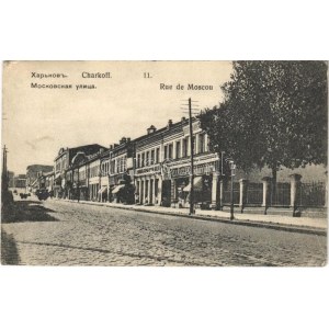 1912 Kharkiv, Kharkov, Harkov, Chárkiv, Charkow, Charkoff; Rue du Moscou / Mosow street, shops (EK)