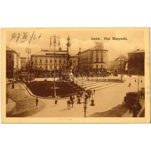 Lviv, Lwów, Lemberg; Plac Maryacki, kazimierz Lewicki / square, shops, tram