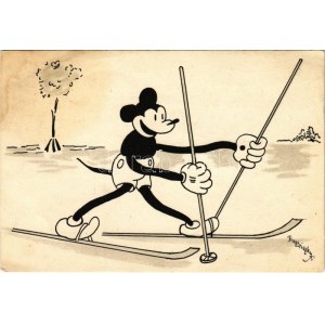 Mickey egér síelés közben. Klösz korai Disney képeslap / Mickey Mouse skiing, winter sport...