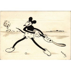 1937 Mickey egér gyeplabda játék közben. Klösz korai Disney képeslap / Mickey Mouse playing field hockey...