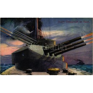 K.u.K. Kriegsmarine. Unsere Dreaugnouth im Feuer / Osztrák-magyar haditengerészet csatahajója tüzelés közben ...