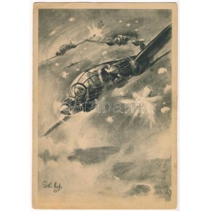 Heinkel-Kampfflugzeuge stossen durch das Sperrfeuer englischer Flakbatterien. Der Adler die grosse Luftwaffen...