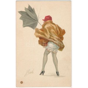 Olasz művészlap. Finoman erotikus hölgy szeles időben / Gently erotic lady with umbrella. Produzione Italiana T.A.M...