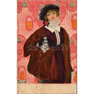1919 Art Nouveau lady with dog. B.K.W.I. 621-3. s: Mela Koehler (EB)