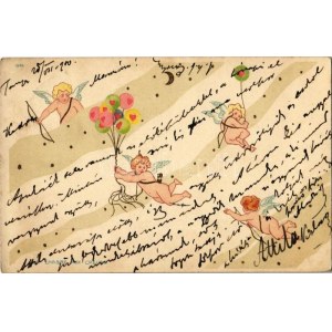 1900 La Chasse Aux Coeurs 1048. / Art Nouveau puttos. litho, unsigned Raphael Kirchner
