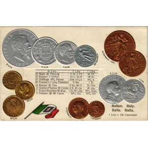 Italien - Münzenkarte und Nationalflagge. Max Heimbrecht / Olaszország - érmék és zászló. Dombornyomott ...