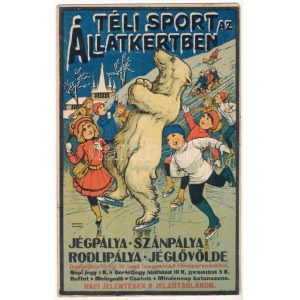 1914 Téli sport az Állatkertben. Budapest Székesfővárosi Állatkert reklámlapja, jégpálya, szánpálya, rodlipálya...