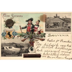 Cacao Suchard, Schaffhouse, Chute du Rhin / Suchard cocoa advertisemeent card. floral, coat of arms, litho (fl...