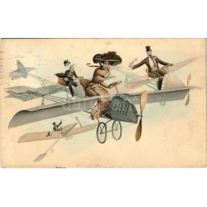 1911 Úriemberek és hölgy repülőgépen / Gentlemen and lady in aircraft. M. Munk Vienne Nr. 585. (EK...