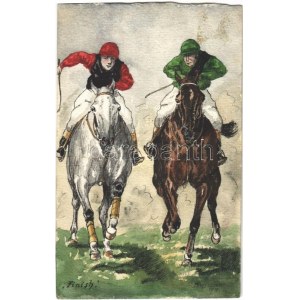1910 Finish / Lovassport. Kézzel rajzolt művészlap / Equestrian sport, horse racer. Hand-painted art postcard s...