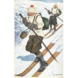 Síelők. Humoros téli sport művészlap / Skiing, humour. Winter sport art postcard. Wintersport No. 9. No. 4026...