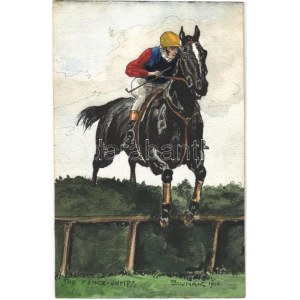 1910 The Fence Jump / Lovassport. Kézzel rajzolt művészlap / Equestrian sport, horse racer. Hand-painted art postcard s...
