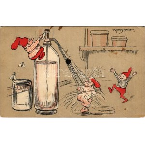 1906 Játékos törpék szódásüveggel spriccelik egymást / Dwaves playing with a soda bottle. litho s: Alfred Schmidt (EK...