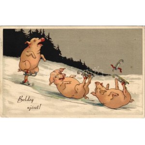 1943 Boldog újévet! Korcsolyázó malacok / New Year greeting, pigs ice skating. litho