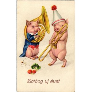 1937 Boldog újévet! Trombitázó és kürtön játszó malacok / New Year greeting, pigs playing on the trumpet and horn...