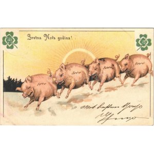 1901 Stretna Nova godina / Újévi üdvözlet malacokkal / New Year greeting with pigs. Art Nouveau...