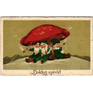 Boldog újévet! Pipázó törpék egy gomba alatt / New Year greeting, Dwarves smoking pipes under a mushroom. litho (EK...