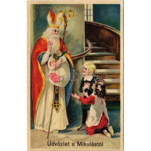 Üdvözlet a Mikulástól / Saint Nicholas greeting, litho (EK)