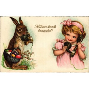 1930 Kellemes húsvéti ünnepeket! Nyuszival telefonáló kislány / Easter greeting, rabbit on the phone with a girl...