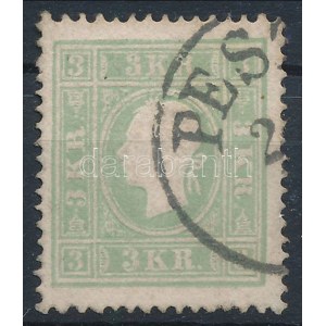1858 3kr kékes zöld / bluish green centrált / well centered, 0,145 mm kartonpapíron / on thick paper PESTH...